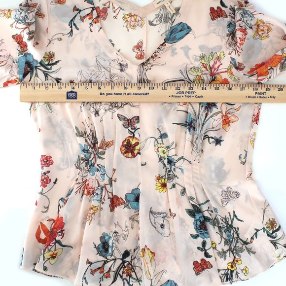 Rebecca Taylor 100%Silk Long Tie Sleeve Meadow Floral Top Pink Combo V-neck 2 - Picture 10 of 15